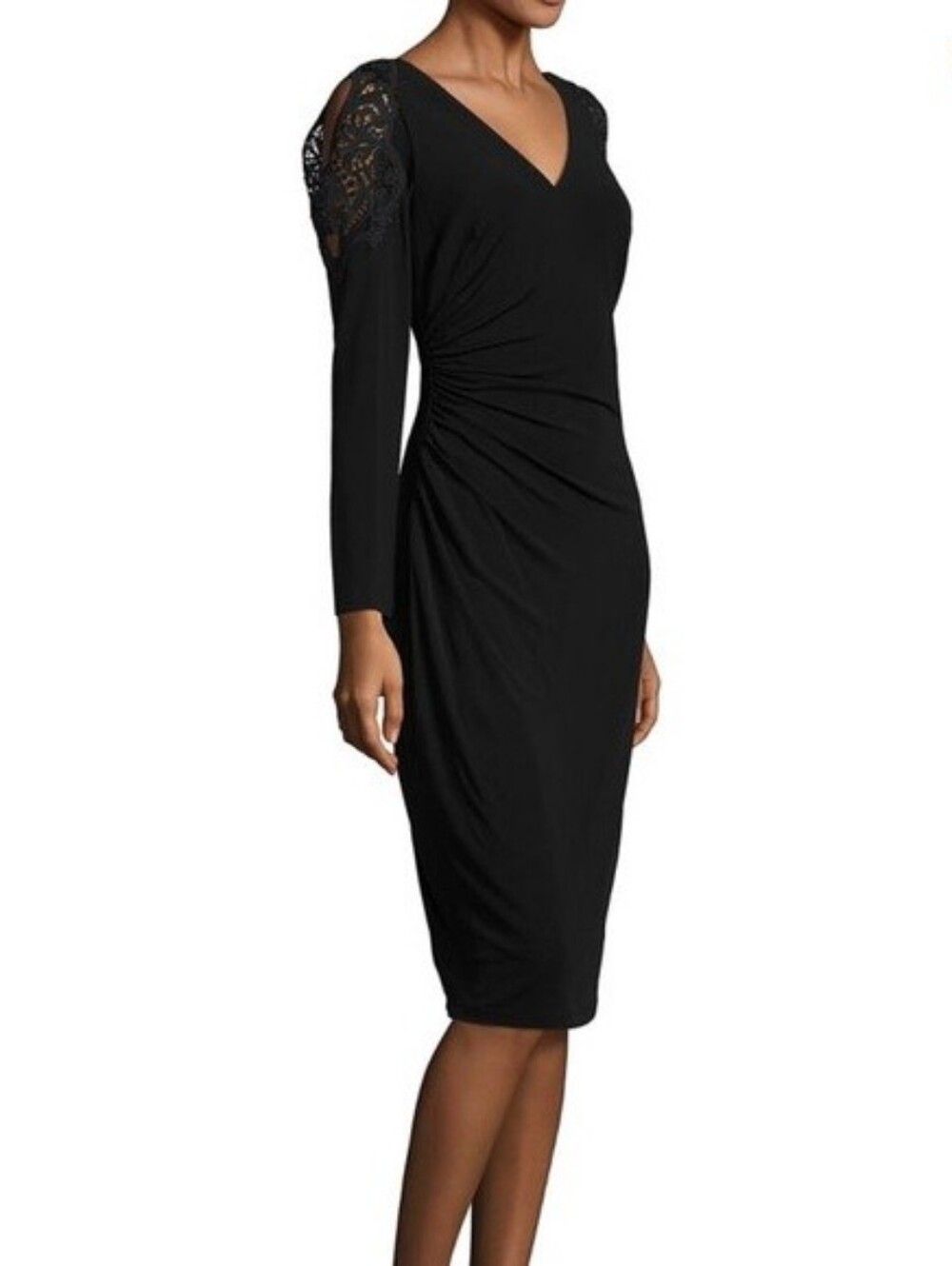 David Meister crochet lace black ruched dress LBD cocktail party women's size 0
